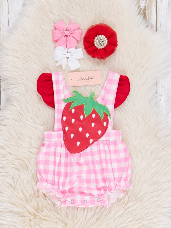 Marie Nicole Clothing - Wholesale Bodysuit (Non-Footed) - Baby - Red & Pink Gingham Strawberry Ruffle Bubble