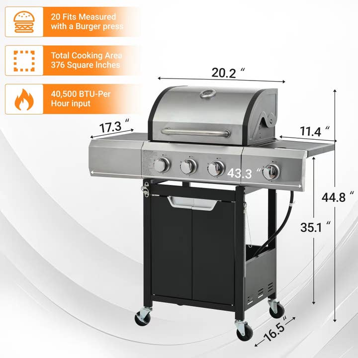 39F Inc. - Wholesale Outdoor Grill Tools - 3-Burner Stainless Steel Propane Gas Grill with Side Burner3