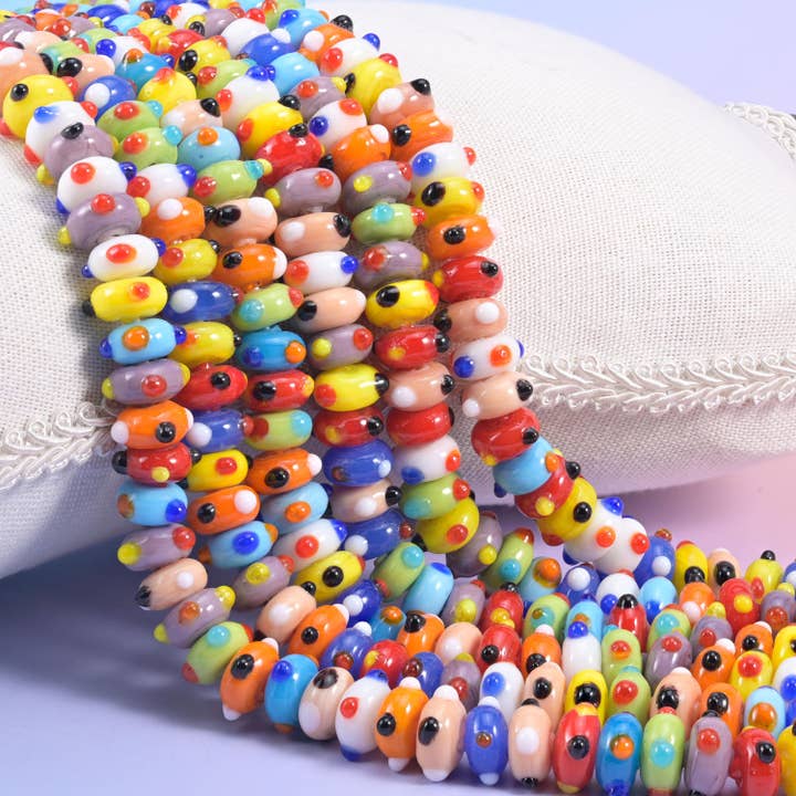 Multi-Color Dotted Donut Glass Rondelle Beads: Size 10x5mm, Jewelry Making, 8.5 Inch Strand for wholesale by Mycrazycrystal
