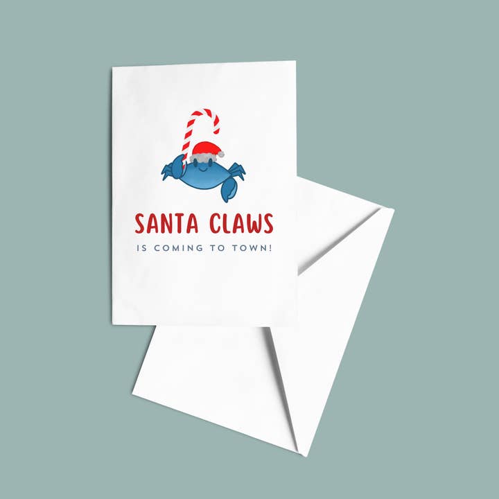 Weihnachtskarte mit Weihnachtskrallen (mit Krabbe, Weihnachtsmütze und Stock) für den Großhandel von Chesapeake Charm Shop