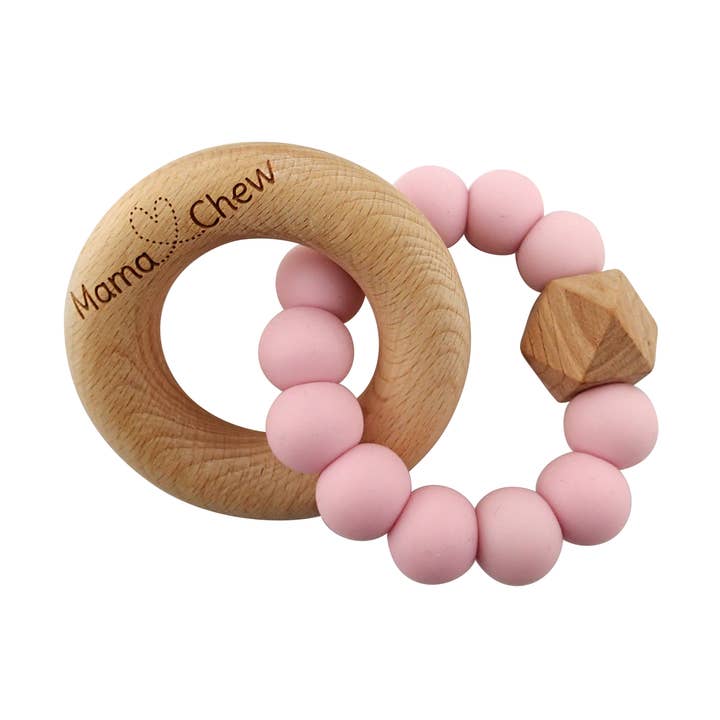 Hex & Wood Teether - Pastel Pink for wholesale by Mama Chew