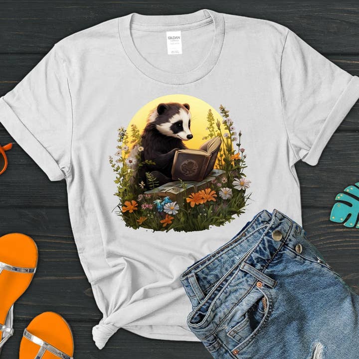 Vivtrek - Wholesale Screen Printed T-Shirt - Women's - Badger Reading Book Cottagecore Wildflower Library T-Shirt6
