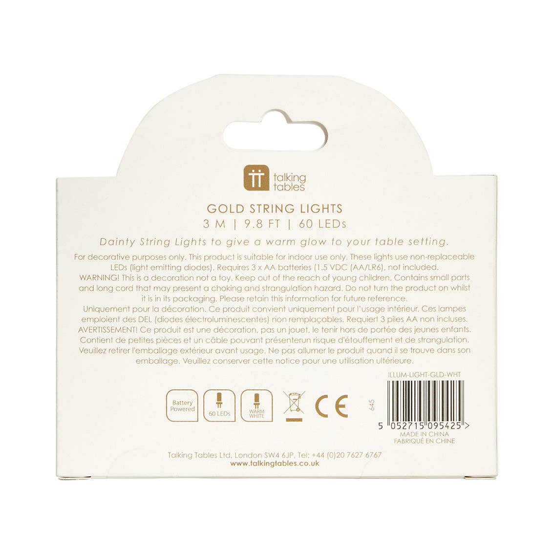 Talking Tables UK – wholesale String lights – Party Illuminations Gold Wire LED Lights - 3m5