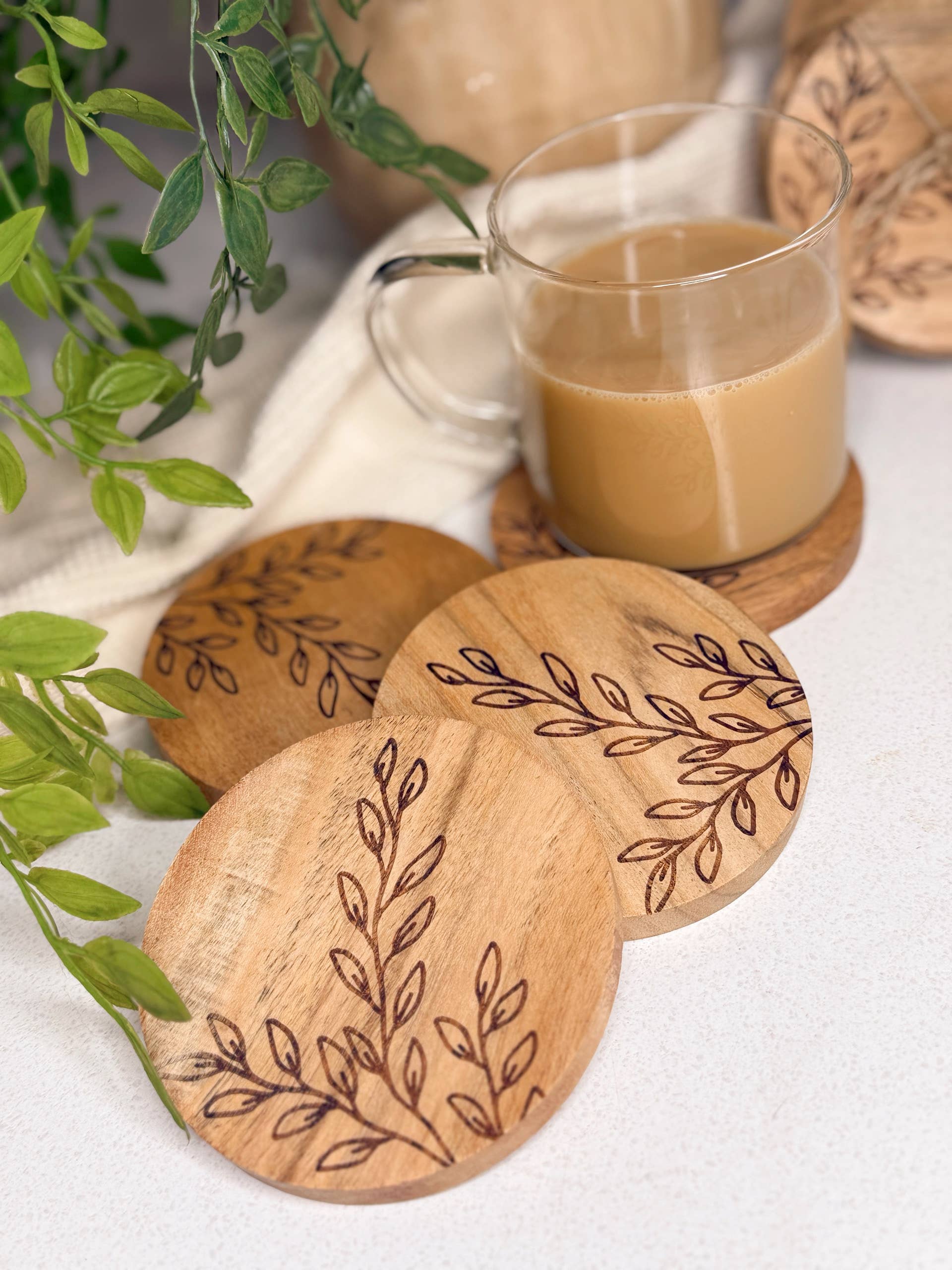 Timeless Engraving Co. - Wholesale Coasters - Floral Engraved Acacia Coaster Set