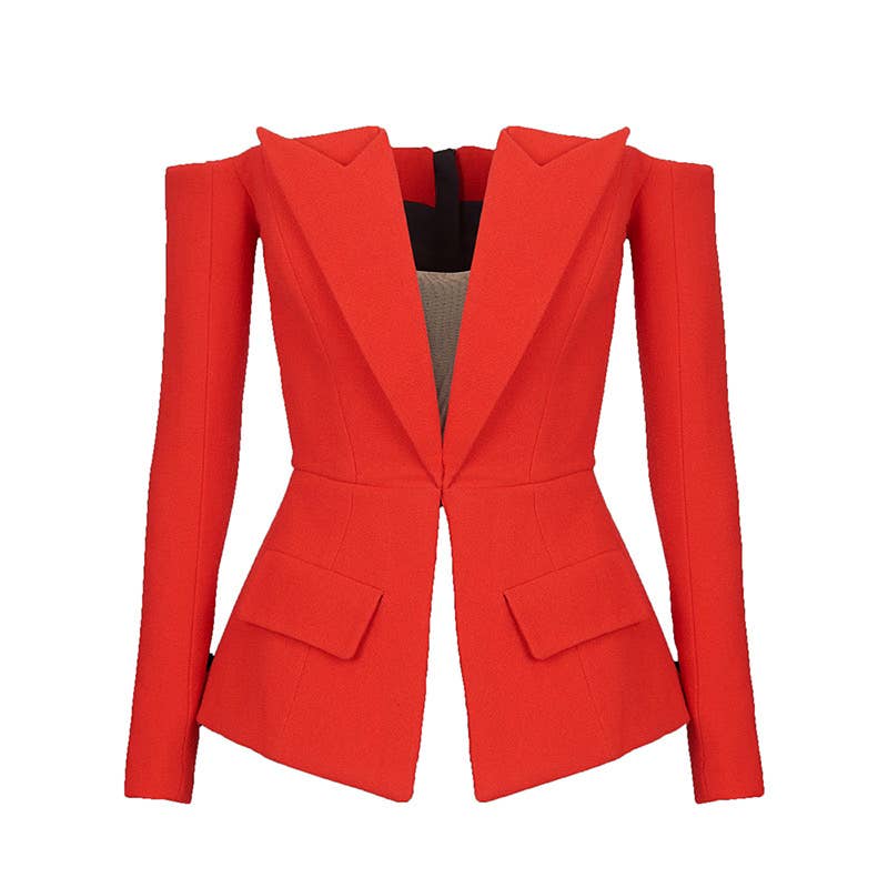 JK109Y Chic Red Off-Shoulder Blazer with Rear Zipper Design for wholesale on Faire1