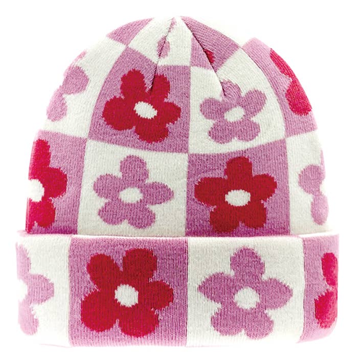 Bonnet en tricot à carreaux roses avec motif floral – Accessoire de mode rétro unisexe chaud pour l'hiver-NI60014 pour la vente par Northern Icons Creations INC