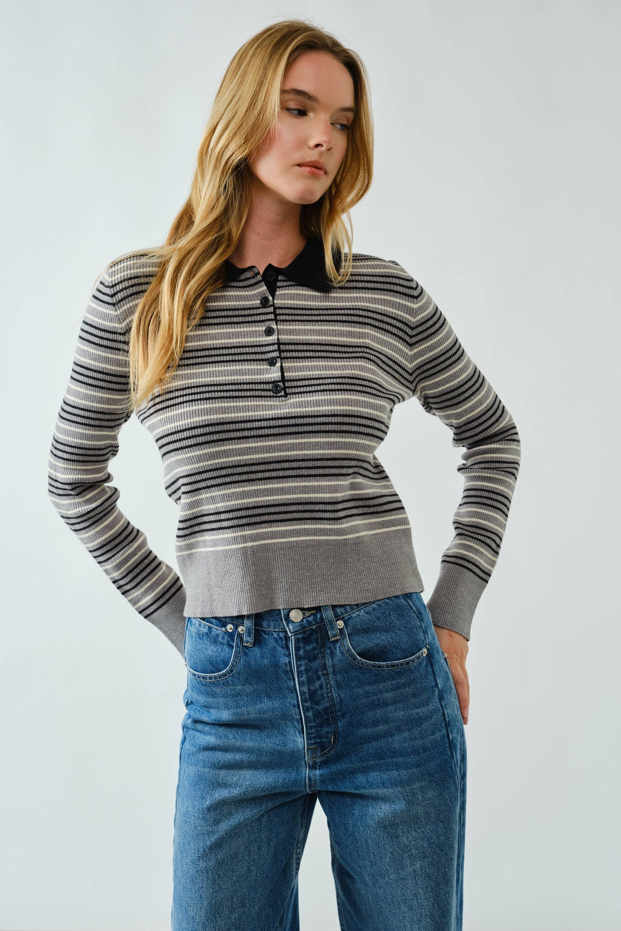 Aaron & Amber - Wholesale Polo - Women's - AJT5193 TIMELESS STRIPED POLO SWEATER TOP3