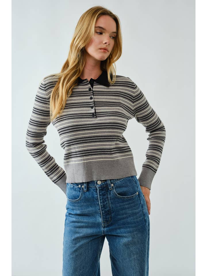 Aaron & Amber - Wholesale Polo - Women's - AJT5193 TIMELESS STRIPED POLO SWEATER TOP3