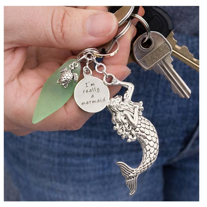Mermaid Keychain - Sea Glass - Blue Charm for wholesale by EarthlieTreasures