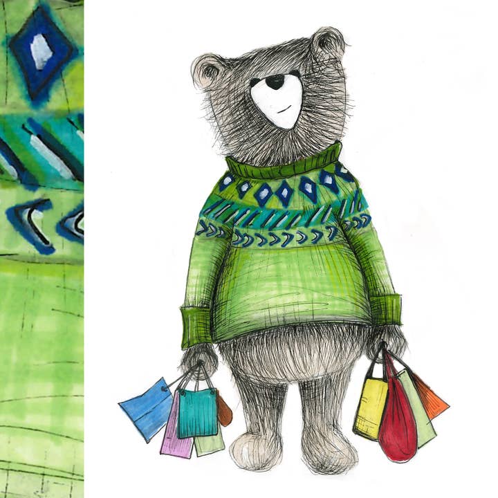 Shopping Bear Greetings Card for wholesale by Catherine Redgate: Illustrator