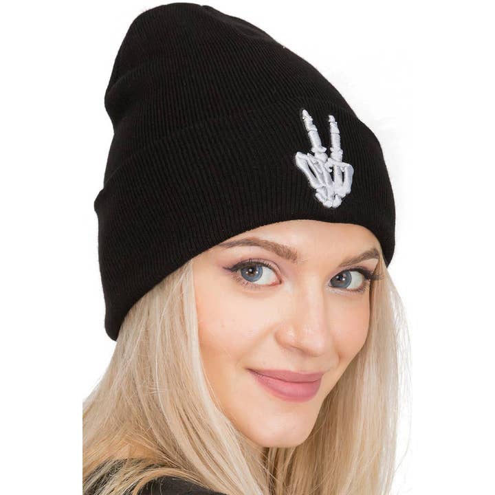 BLACK WHITE Peace Victory Rebel Skeleton Cuffed Classic Beanie for wholesale on Faire1