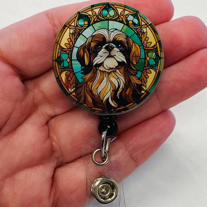 Nurse Badge Reel – Faux Stained Pekingese Badge Reel for wholesale by Spellbound Rose Creations
