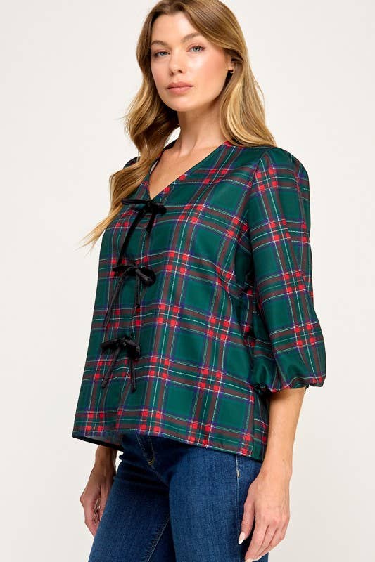 MintChoco - Wholesale Screen Printed T-Shirt - Women's - Plaid Holiday tie front blouse20