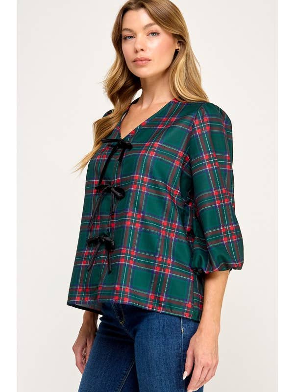 MintChoco - Wholesale Screen Printed T-Shirt - Women's - Plaid Holiday tie front blouse20