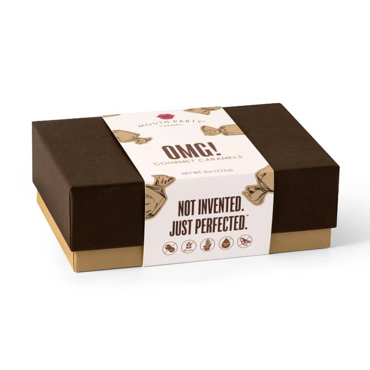 OMG! caramel 1/2 lb gift box for wholesale by Mouth Party, LLC