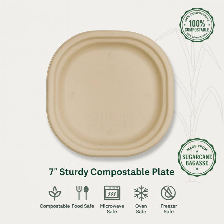 Assiettes 7" (Caisse de 1000 | 40 x 25 Paquets) - 100% Compostables Fabriquées à partir de Bagasse de Canne à Sucre pour la vente par Nutribite EcoWare