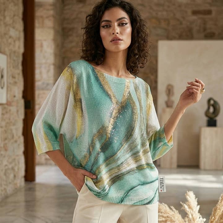 House of Marcel Apparel - Wholesale T-Shirt - Women's - Metallic Abstract Graphic Linen Tee0