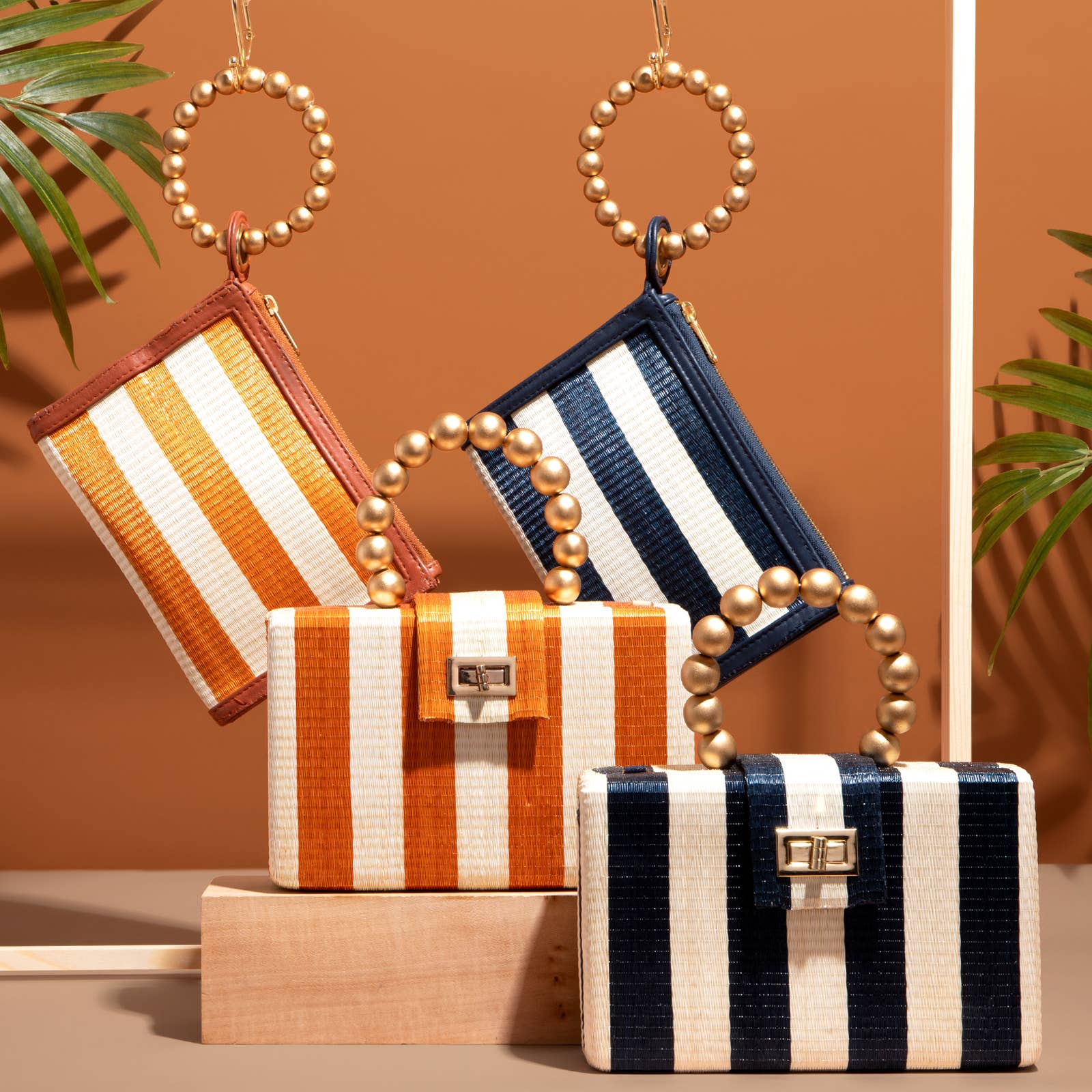 Soli & Sun - Wholesale Clutch Bag - Women's - Orange Stripe Clutch Bag | Gold Bead Handle | Artisanal Luxe3