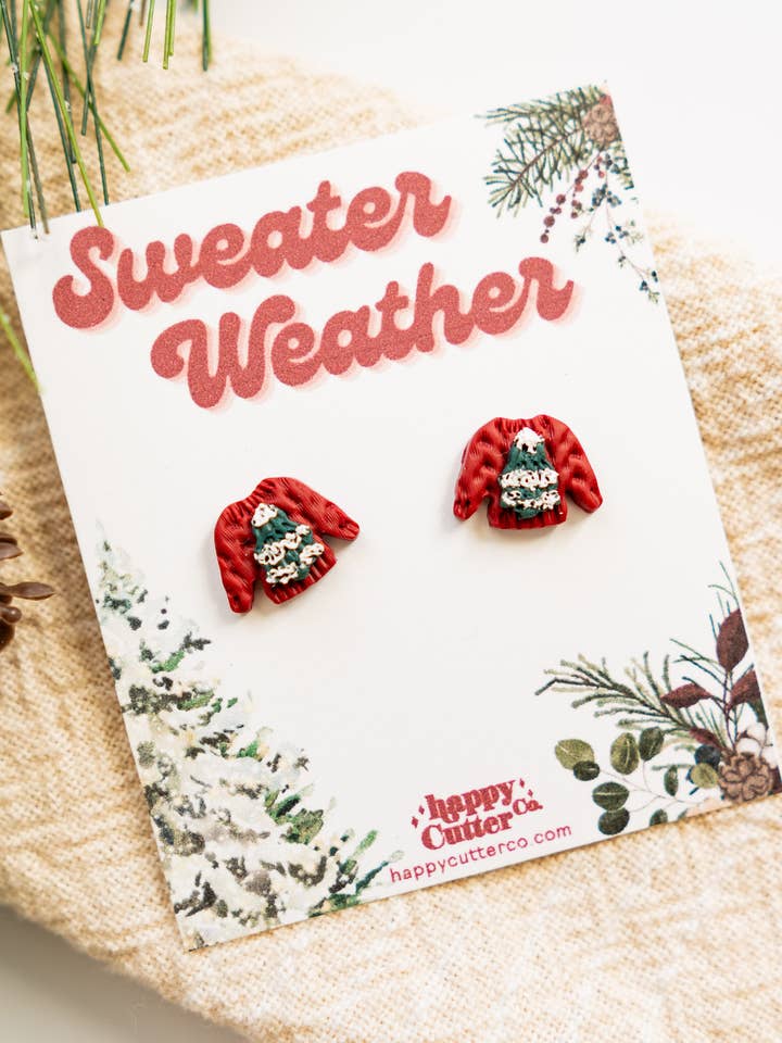 Cute Holiday Stud Earrings | Red Christmas Sweater Studs for wholesale by Happy Cutter Co