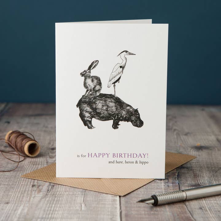 Biglietto H is for Happy Birthday e lepre, airone e ippopotamo per la vendita all'ingrosso da parte di Lucy Coggle Designs