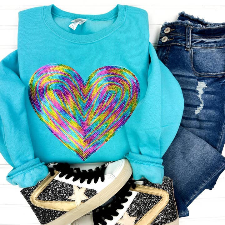 Jersey-Sweatshirt mit Regenbogenherzen und Paillettenaufnäher für den Großhandel von Nikkilynn Wholesale