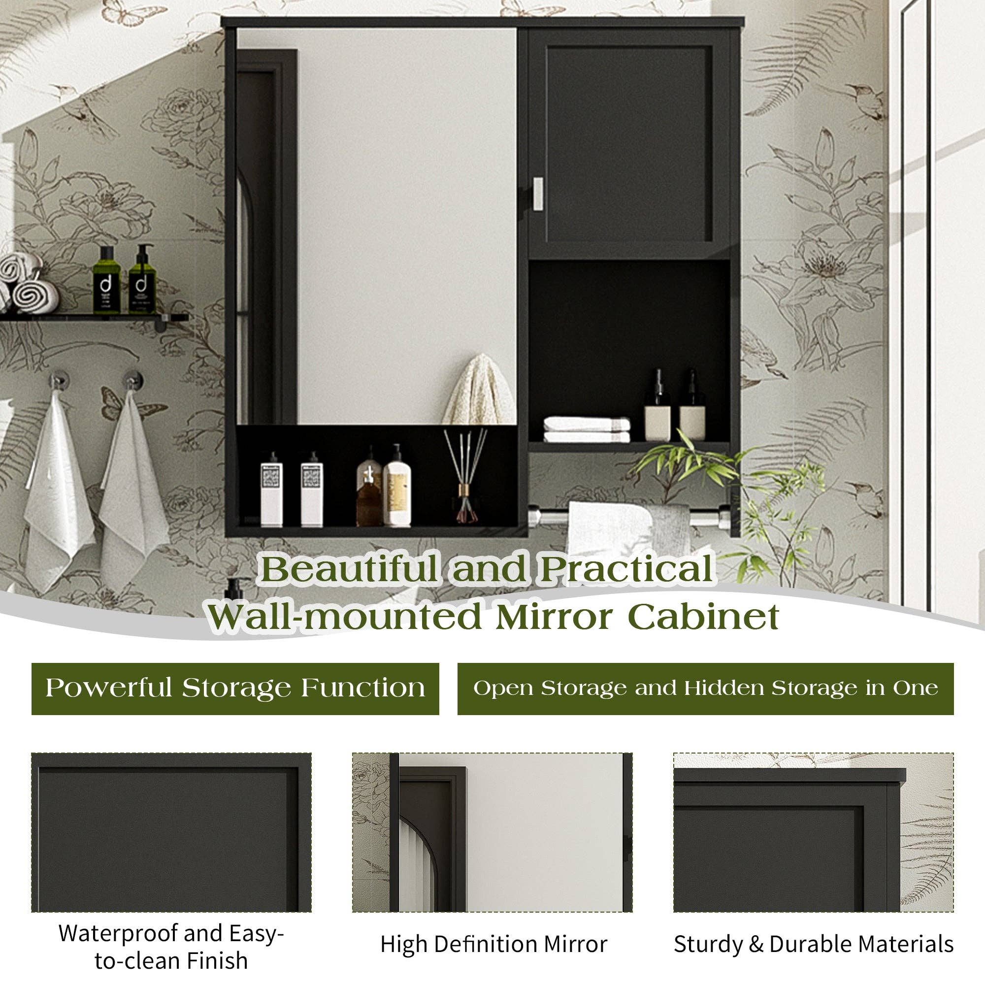 39F Inc. - Vente Armoire - Armoire de salle de bain murale noire avec miroir, 29x28 pouces7