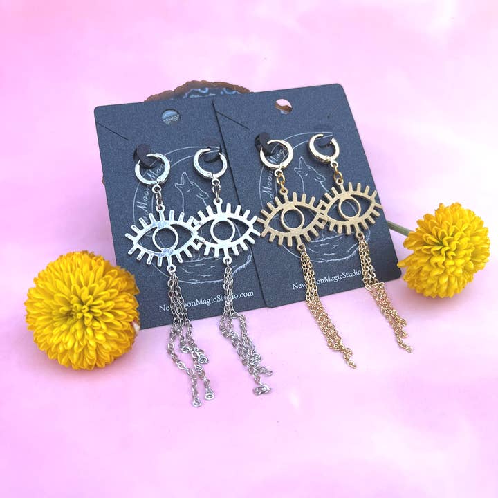 Eye and Chain Dangle Statement Earrings for wholesale by New Moon Magic Studio