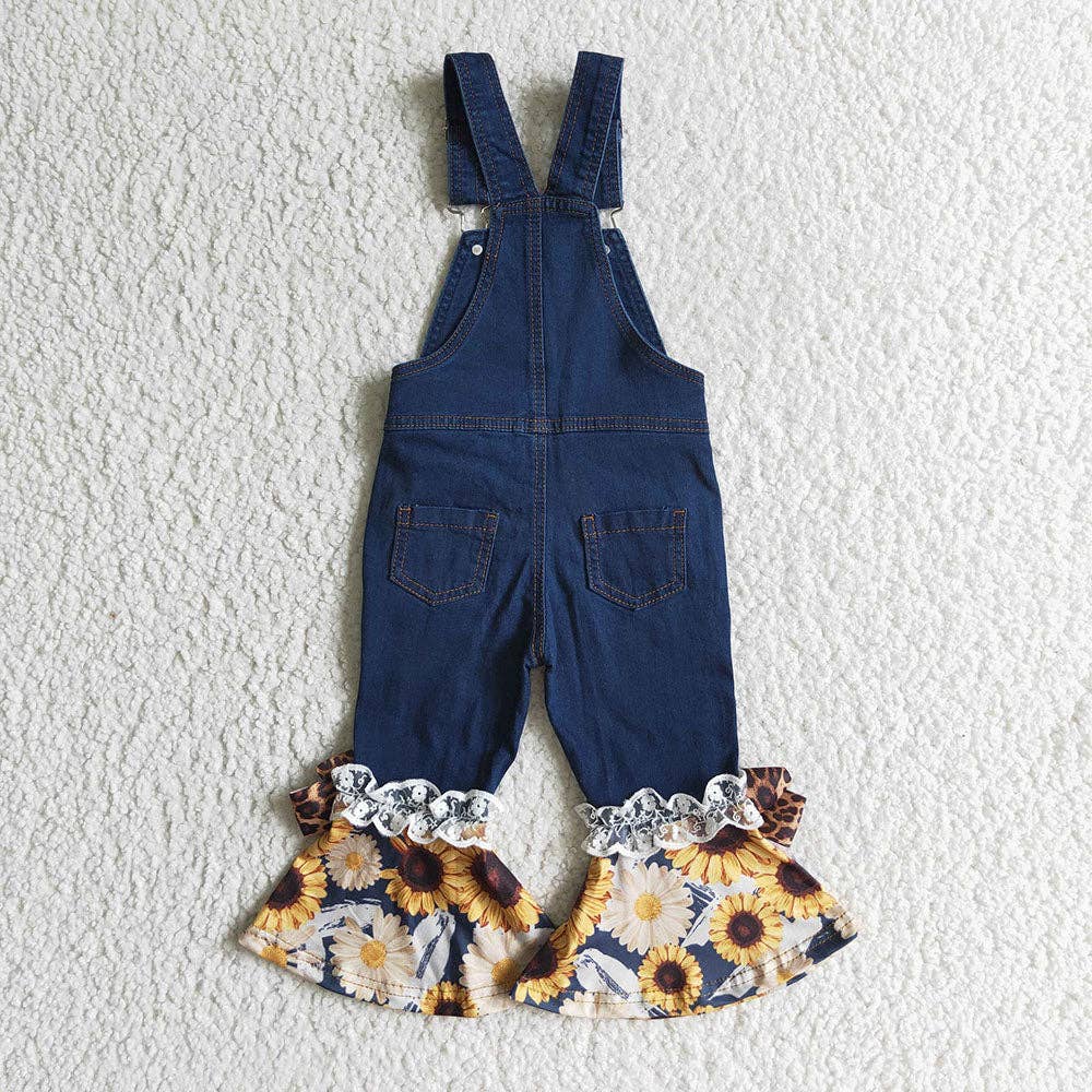 Aier Wholesale - Wholesale Overalls - Kids - Baby Girls fall sunflower ruffle denim overall1