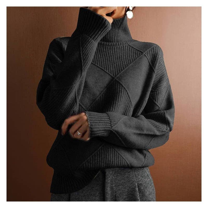 FurDecoration - Wholesale Pullover-trui - Dames - Losse, effen gekleurde diamanttrui met hoge hals1