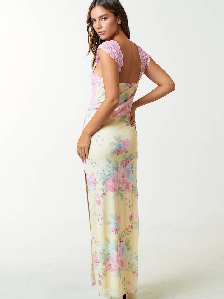 Blue Blush - Wholesale Dress - Women's - IBD30145 MESH FLORAL PRINT LACE DETAIL SIDE SLIT MAXI DRESS
