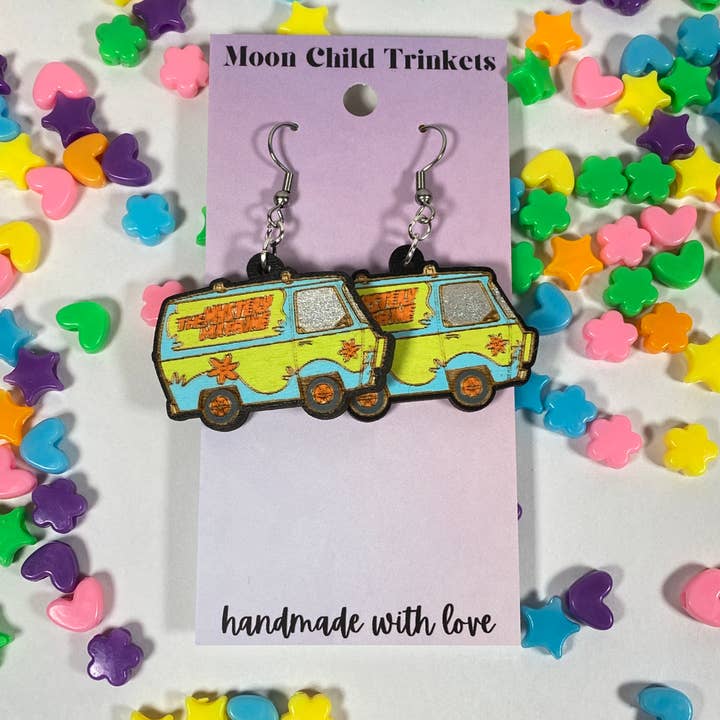 Scooby Doo Mystery Machine Painted Wood Dangle Earrings for wholesale by Moon Child Trinkets