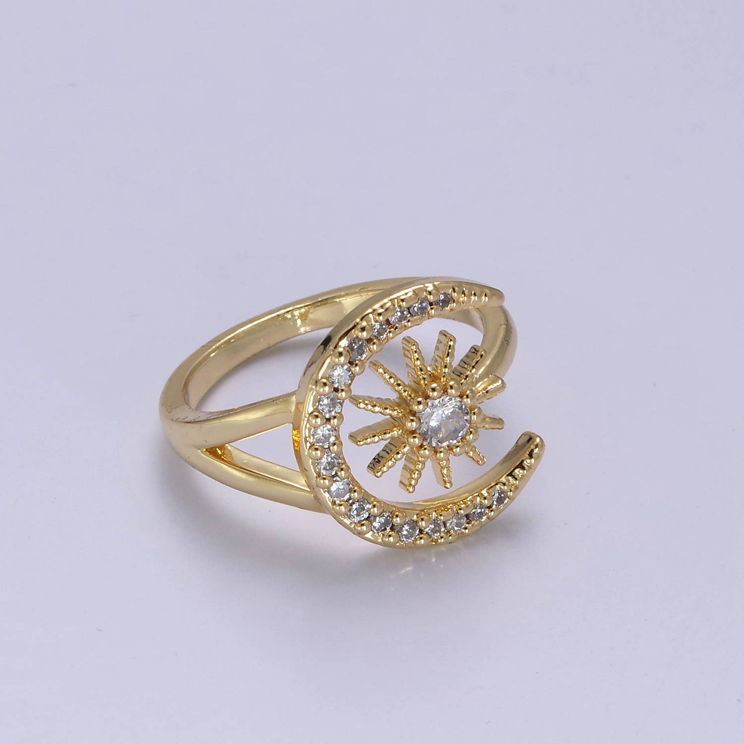 Aim Eternal - Wholesale Multi-Stone Ring - Elegant Micro Pave Gold/Silver Moon & Star Adjustable Ring0