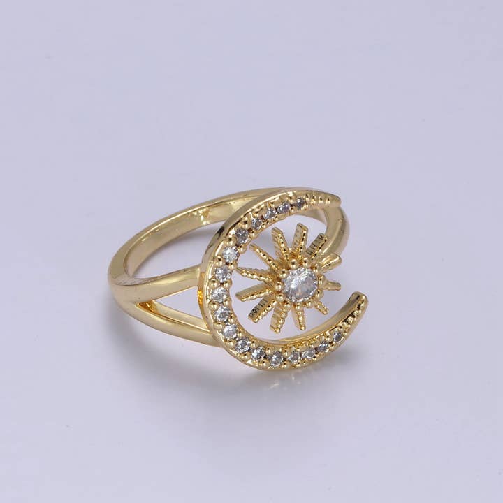 Aim Eternal - Wholesale Multi-Stone Ring - Elegant Micro Pave Gold/Silver Moon & Star Adjustable Ring