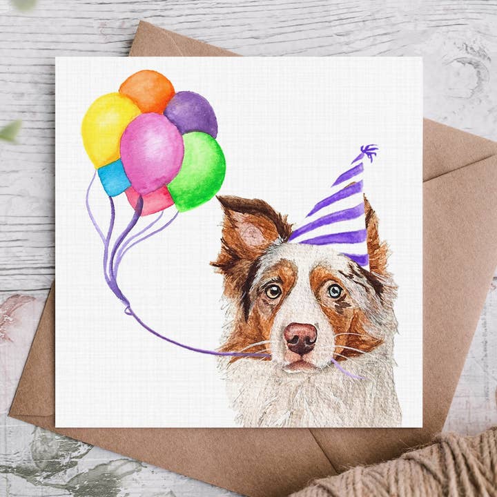 Red Merle Border Collie Birthday Card for wholesale by Cloud Jellybean Art