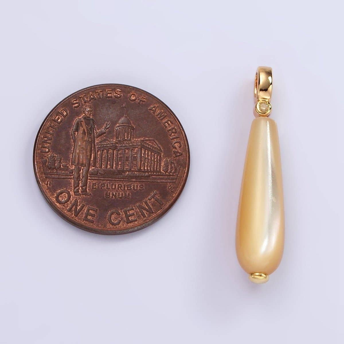 Aim Eternal - Wholesale Individual Charm/Pendant - 14K Gold Filled White, Peach Freshwater Pearl Linear Teardrop Clear CZ Bail Pendant | P1654 P16553