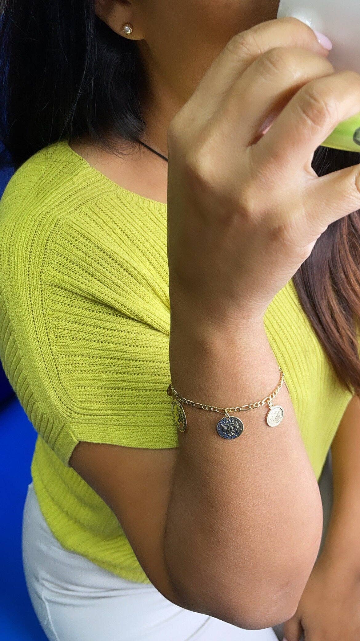 Milie - Vente Bracelets à breloques/pendentifs - Bracelet à breloques en pièce de monnaie 18k GF : maillon Figaro3