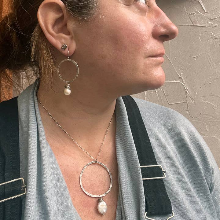 Hoop Drop Hammered Recycled Metal Gemstone Necklace for wholesale by Jen Burrall Designs