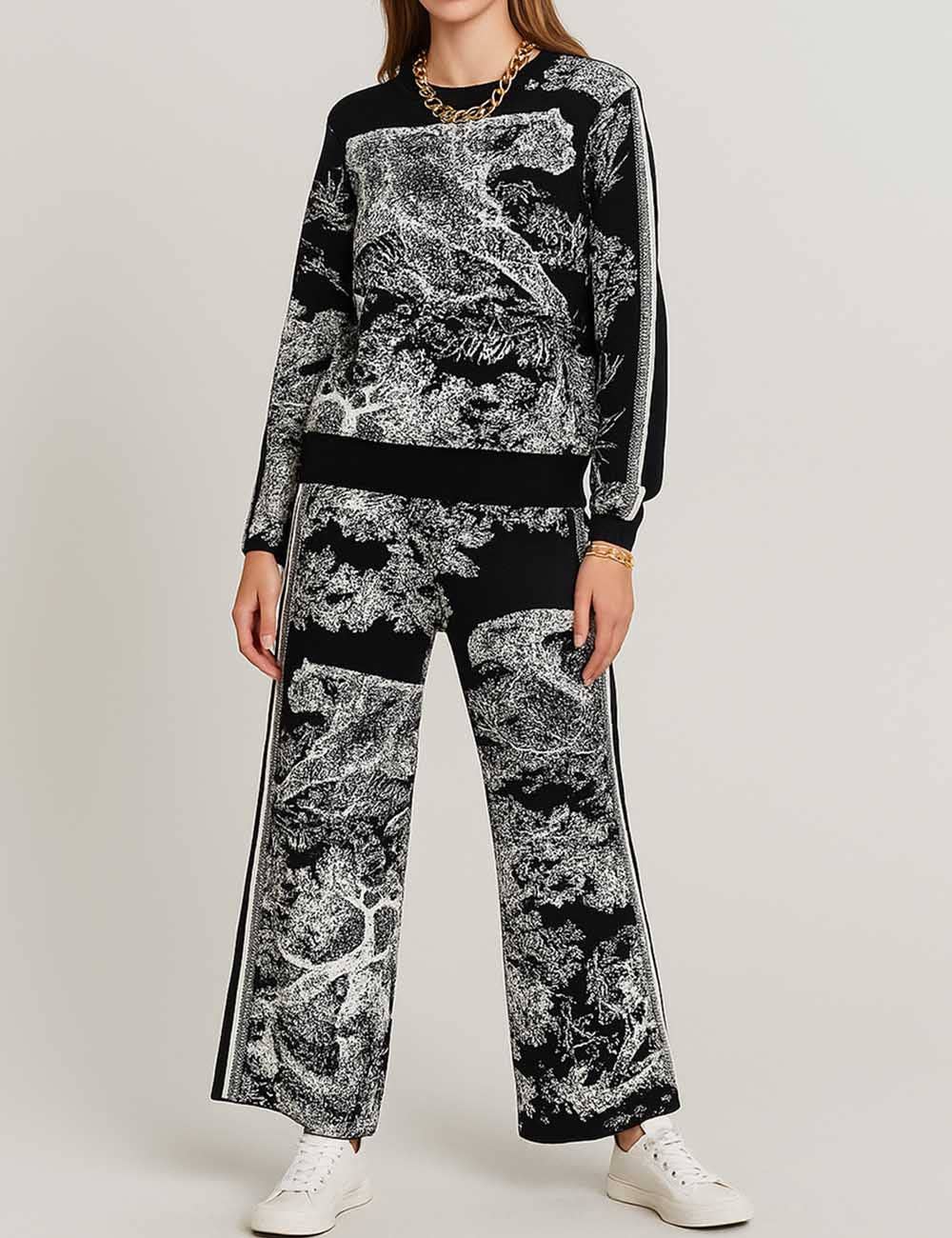 Sweetkama - Wholesale Lounge Set - Women's - Ladies Color Block Tiger Pattern Knit Sweater & Pants 2PCS Set20