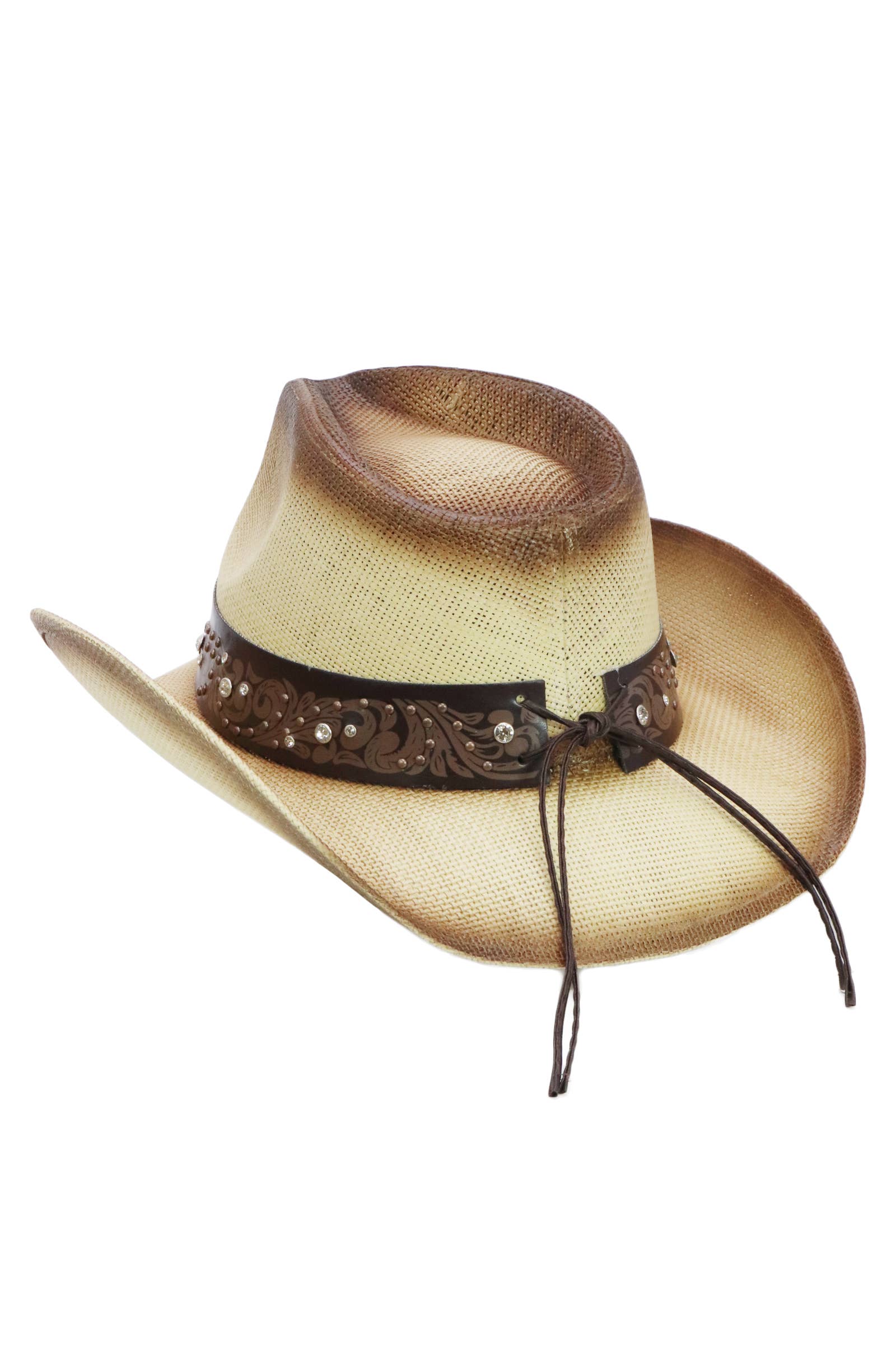 Cap Zone - Wholesale Cowboy Hat - Unisex - Heart Bling Rhinestone Belt Ombre Straw Cowboy Hat1