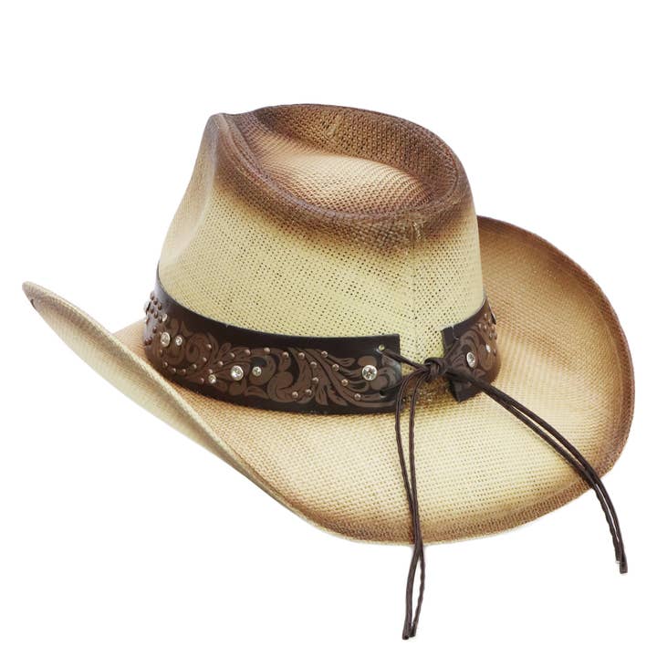 Cap Zone - Wholesale Cowboy Hat - Unisex - Heart Bling Rhinestone Belt Ombre Straw Cowboy Hat1