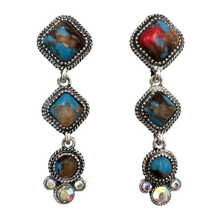 Lunar Deer - Wholesale Dangle Earrings - Bisbee Turquoise AB Rhinestone Three Studs Earrings
