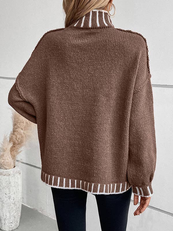 Sheer Trend – Engroshandel Pullover - Dame – Lange ærmer Løs kontrastfarve Split-joint Pullovere med høj hals Sweatertoppe9