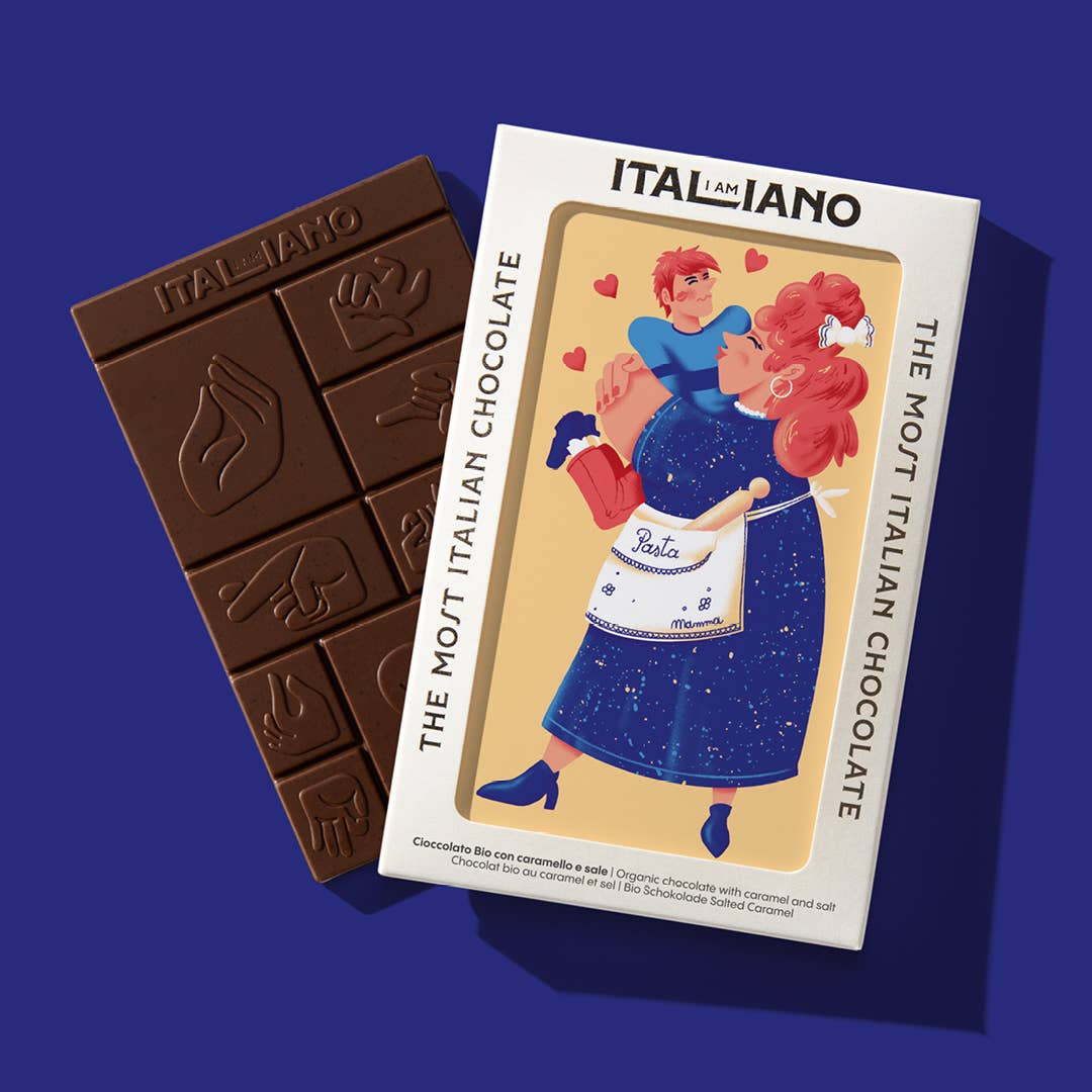 I AM ITALIANO - Wholesale Chocoladereep - MAMMA OMHELZING - Biologische chocolade met karamel en zout1