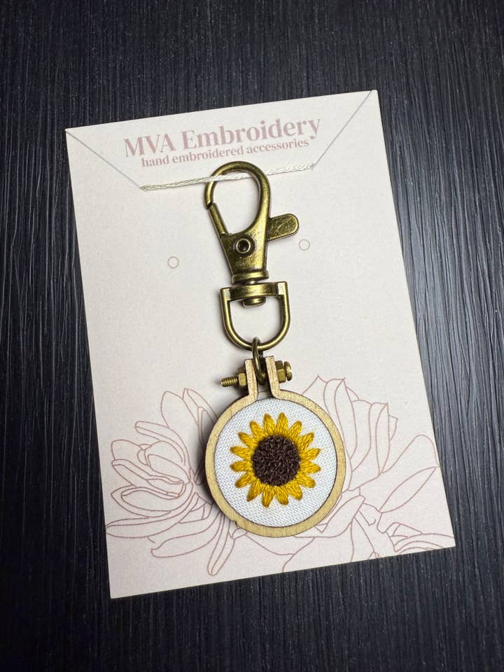 Hand Embroidered Sunflower Keychain | Bag Charm for wholesale by MVA Embroidery