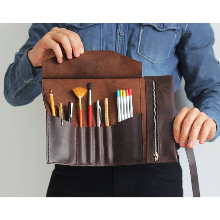 Pol Leather Studio - Vente Étuis/trousses à crayons - Trousse à crayons en cuir, étui à stylos, trousse d'artiste,2