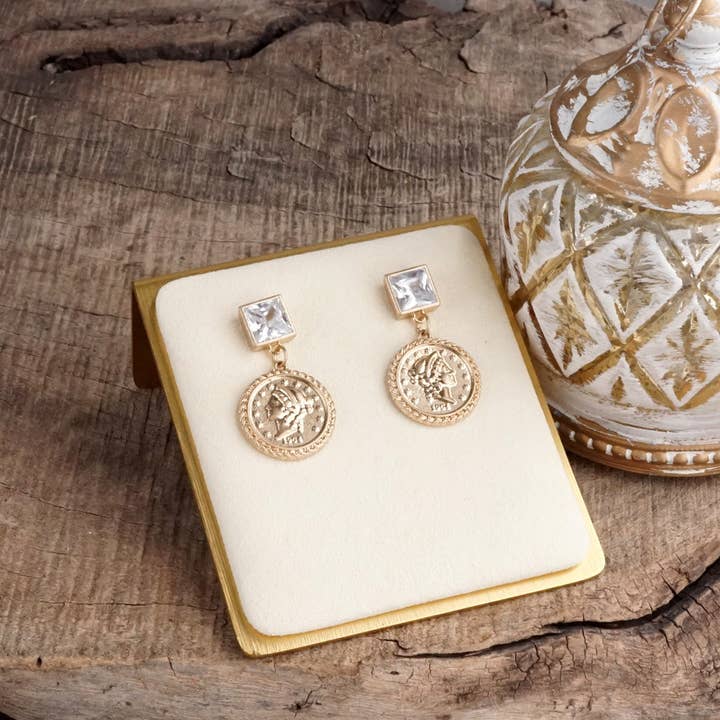 PennyLine inc - Wholesale Dangle Earrings - Starlit Relics – Coin & Crystal Drop Earrings0