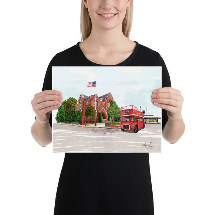 Carper Creative Co. – wholesale Art print – City Hall Double Decker Bus Oxford MS Watercolor Art Print2
