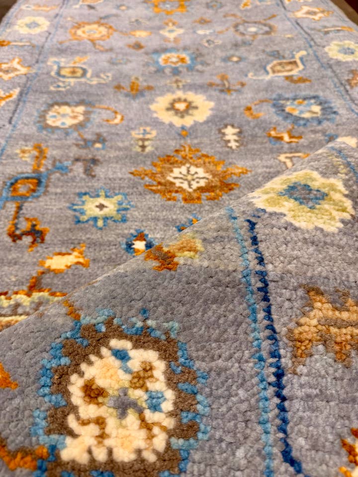 Audrey Tautou 2.6x13 Light Blue Hand-Knotted Oushak Runner Rug for wholesale by Banana Manor Rug Co.