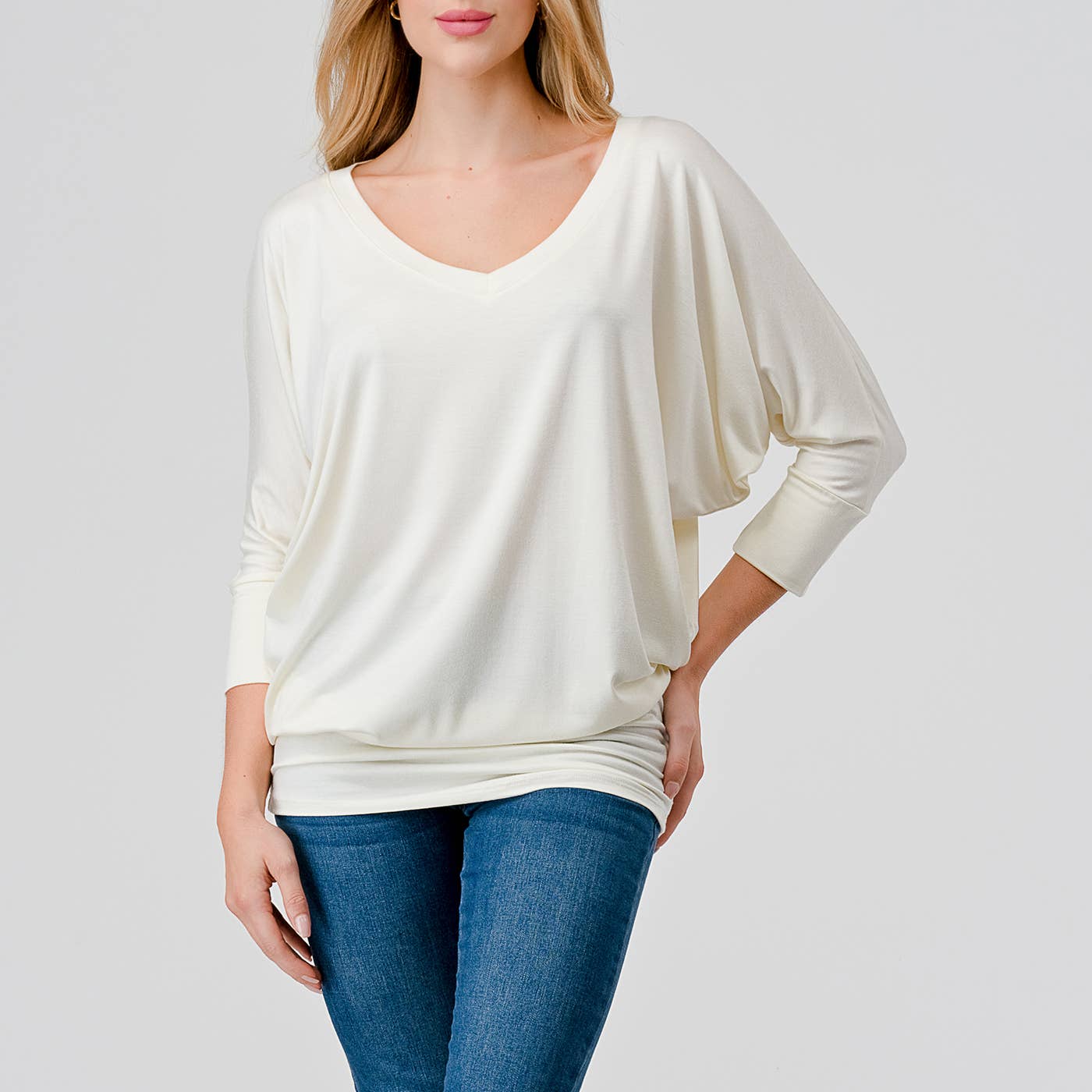 Heimious - Wholesale Knit Top - Women's - 3/4 Dolman Sleeve V-neck Modal Jersey Top, 257333