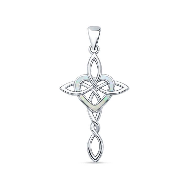Lab Created White Opal Celtic Cross & Heart Pendant for wholesale by Blue Apple Imports